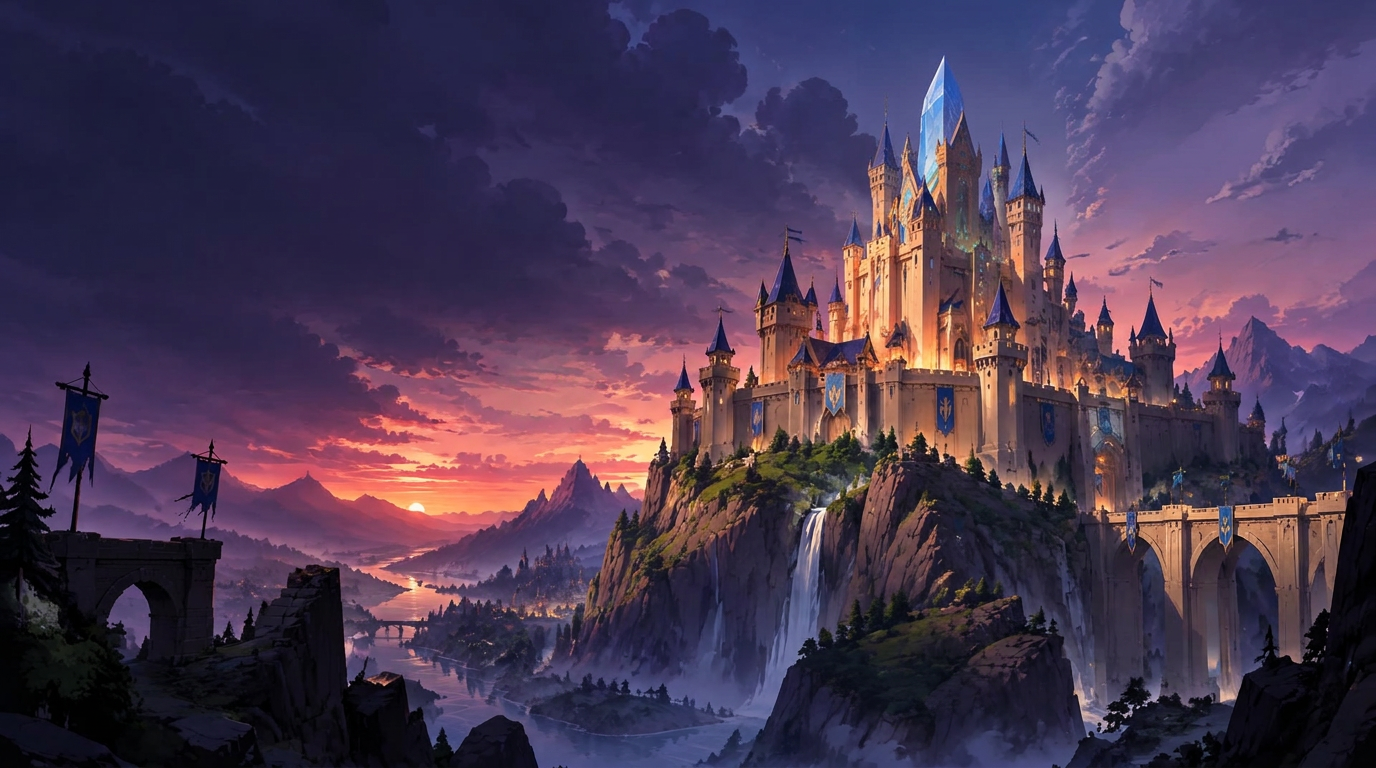 Castelo dourado energizado por um cristal azul ao entardecer